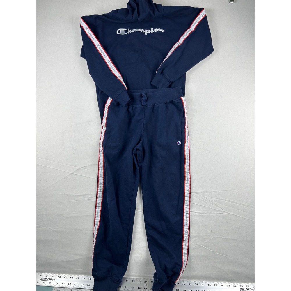 Champion Kids Navy Blue Logo Tape Hoodie and Joggers Tracksuit Set Size Large